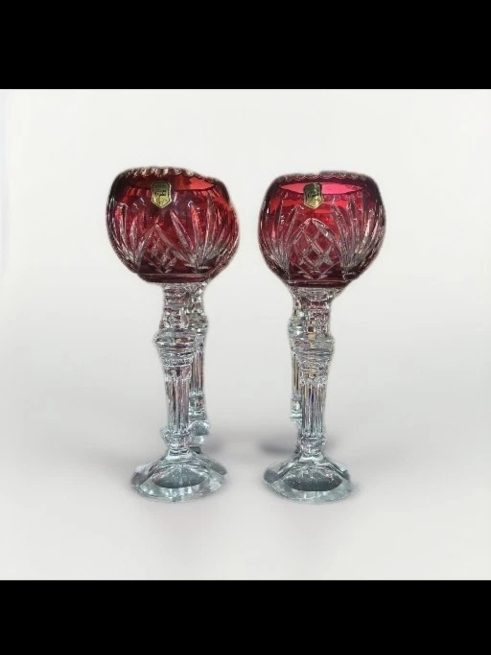 VTG Bohemian Cranberry Cut to Clear Hand Cut Crystal Goblet  12" (Set Of 2)